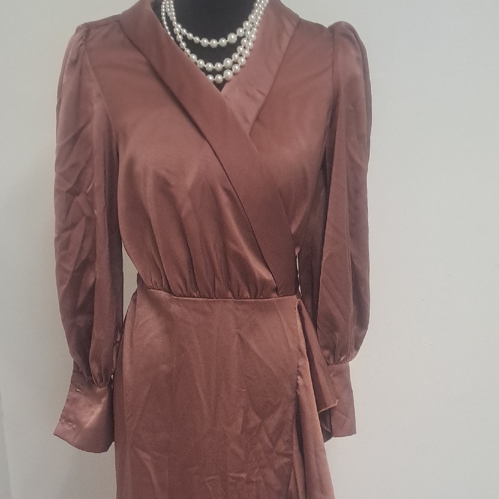 SHEIN Brown Satin Long Sleeve Wrap Dress